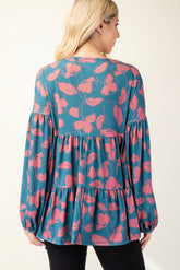 Celeste Full Size Tiered Floral V-Neck Long Sleeve Blouse OutfitFlow